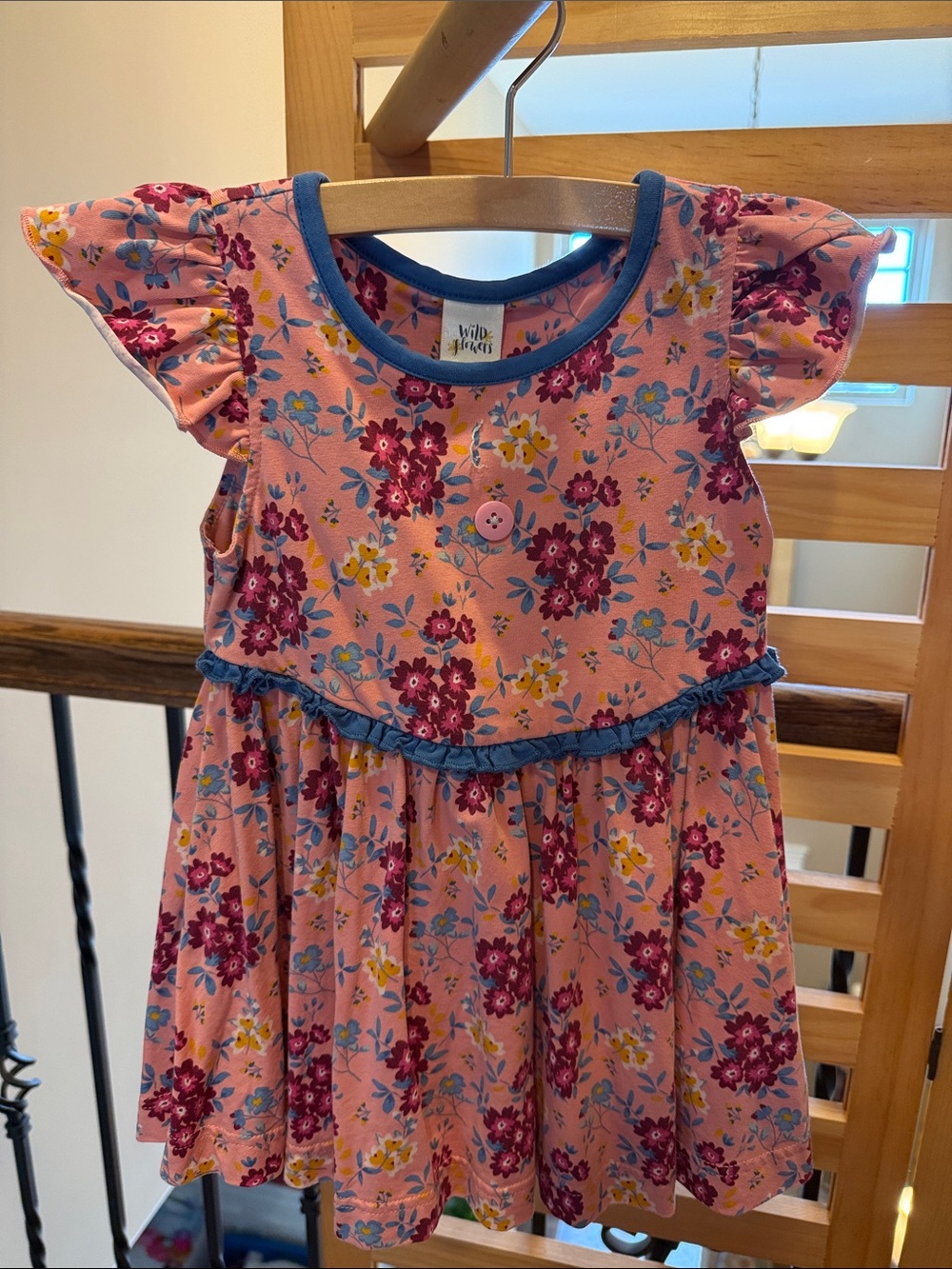 Wildflowers Pink Floral Dress with Blue Trim